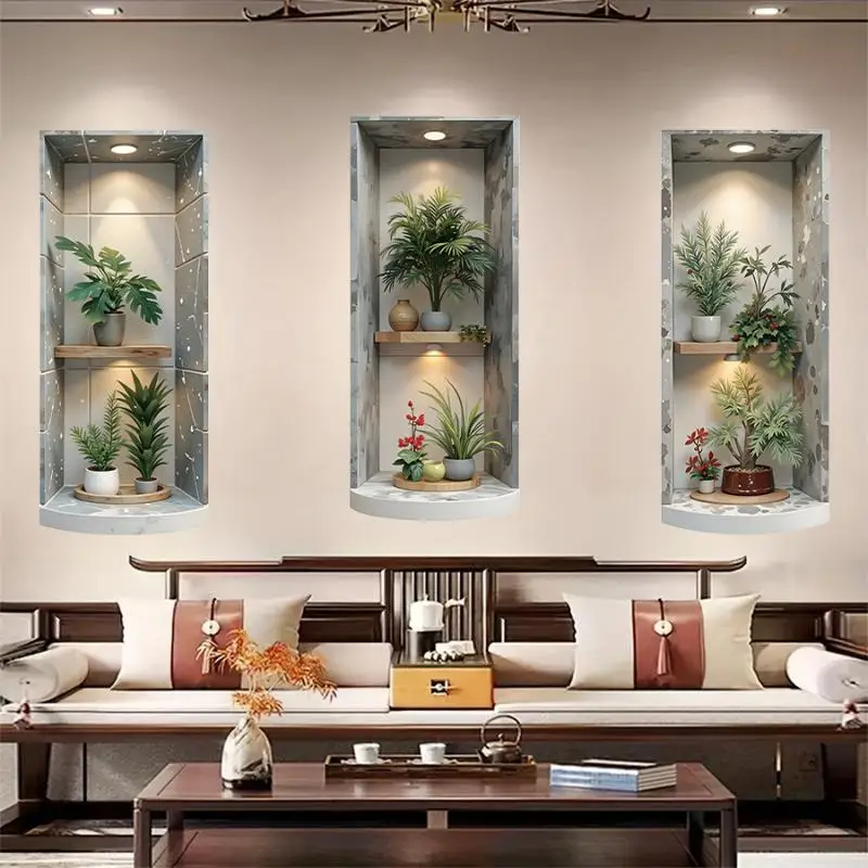 3Pcs Marble Wall Niche Plant Print: Wall Stickers Modern Green Recessed Cabinet Self Adhesive Wallpaper Hallway