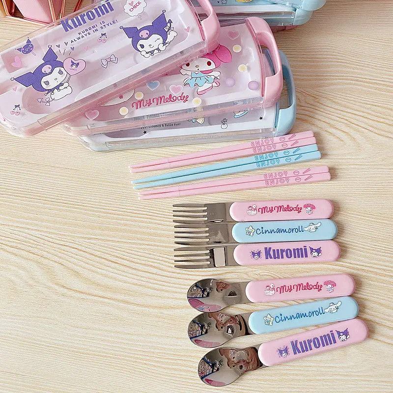 Cartoon Sanrio Kids Tableware Set Cute Portable Tableware Storage Box Student Purin Dog Chopsticks Spoon Fork Set