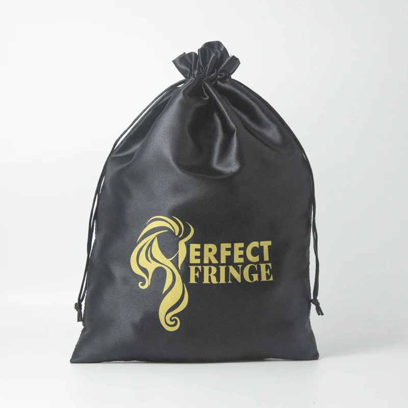 50P Custom Logo Silk Satin Wig Bags Hair Storage Bag for Packaging Wigs/Bundles/Hair Extensions Large Black Drawstring Bags