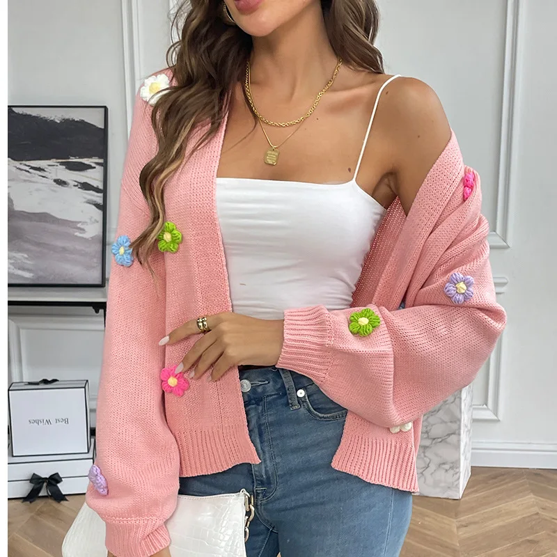 2023 Autumn and Winter Women\'s New Fashion Hand Hook Flower Sweet Knitted Cardigan Casual Loose Comfortable Versatile Sweater