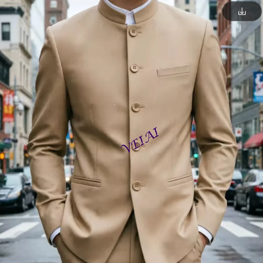 

CustomizedVintage Safari Men Suits Camel Mandarin Collar Multi Button Slim Fit Casual Blazer for Men Daily Wear Weekend Outing 2