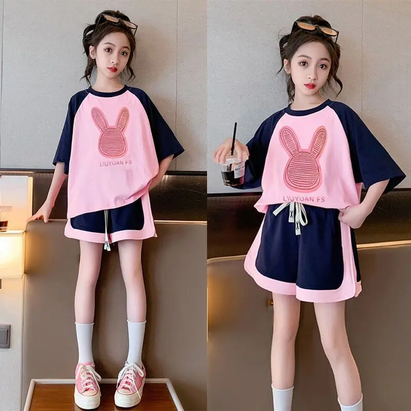 

Girls Suit Pure Cotton Summer New Style Fashionable Casual Short-sleeved Sports Top + Shorts Two-piece Suit Outer Wear Casual