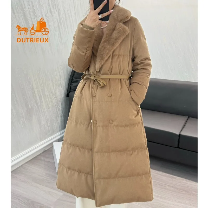 New Winter Down Jacket for Women, Long Large Lapel Mink Collar Splicing Cashmere 90 White Goose Down Jacket Belt Coat Keep Warm