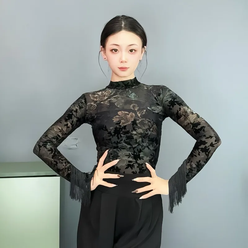 

customized Latin dance top women's adult training suit jumpsuit national standard modern dance long sleeved tassel training suit