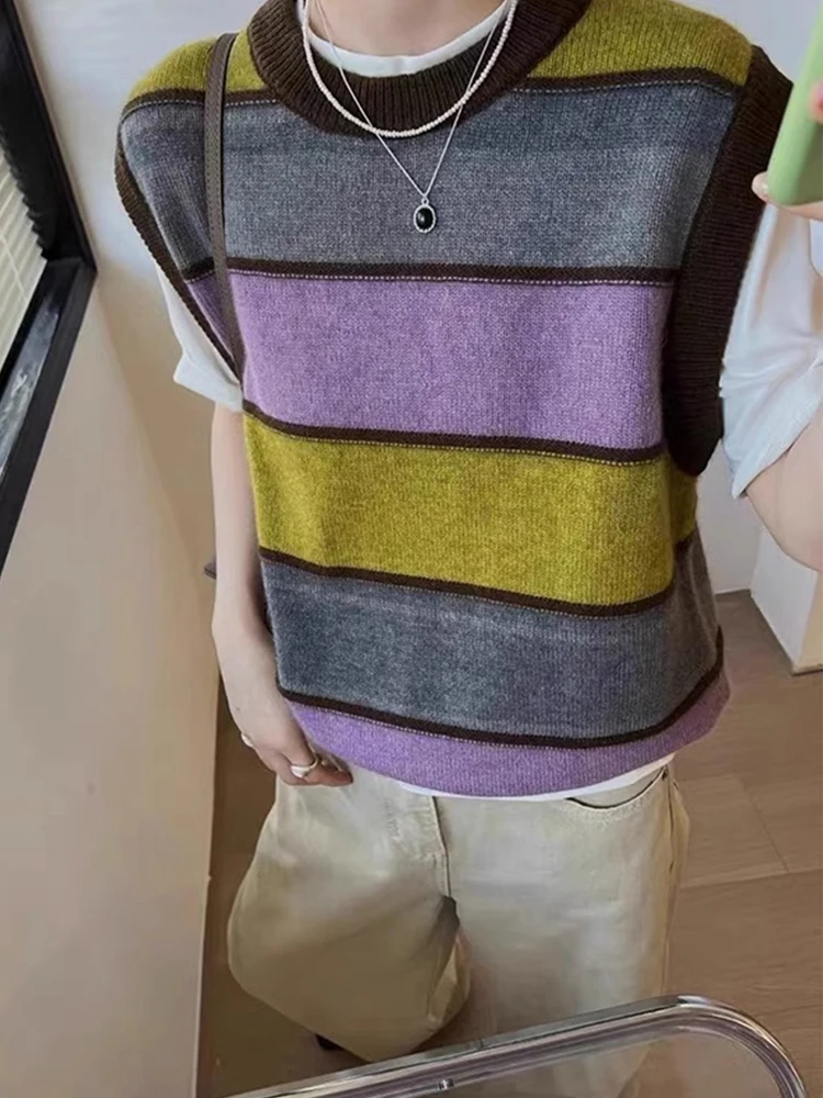 

Ele round Ne Camere Knitted Vest Striped Loose Layering Top Early Autumn Faionable Women's Sweater Poem Line