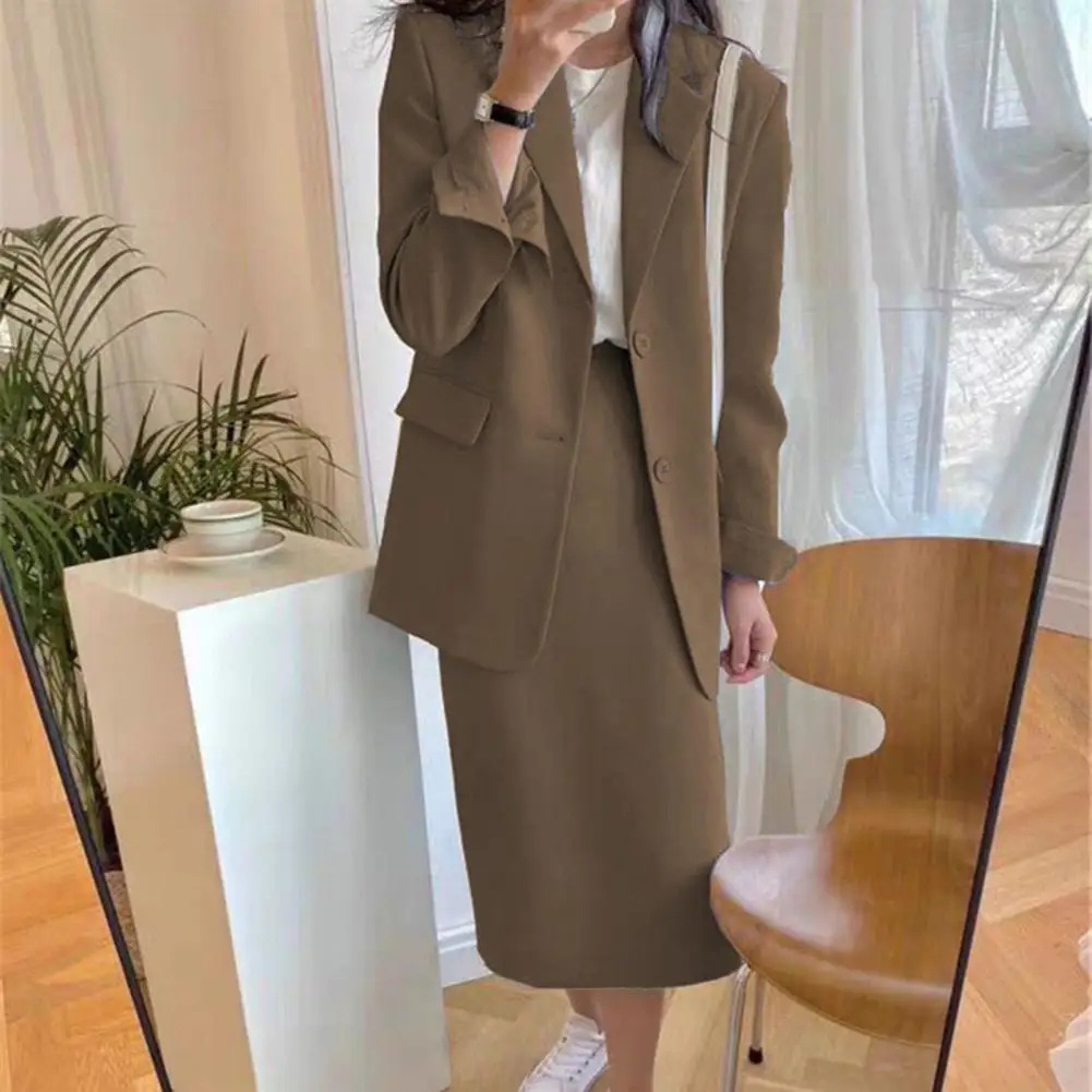 Women Coat Skirt Set Commuting Suit Elegant Women's Office Suit Set with Lapel Coat High Waist Midi Skirt for Stylish