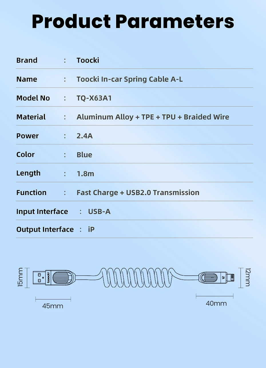 Toocki Auto-USB-Lightning-Kabel 2.4A, spiralförmiges, teleskopisches Schnellladekabel für iPhone 14 13 12 Pro Max 8 7 Lightning-Ladekabel – Detail 12