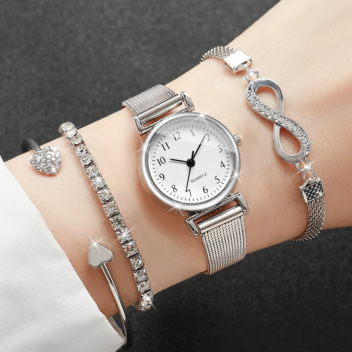 4PCS Fashion Mesh Band Women Watches Diamond Bracelets Set Ladies Quartz Wristwatch Reloj Mujer Girls Clock Gift(Without Box)