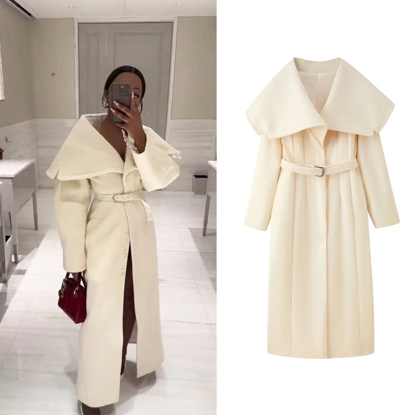 

Женское элегантное полушерстяное длинное пальто, осень-зима, женская накидка большого размера с отложным воротником и поясом, шикарная свободная теплая верхняя одежда