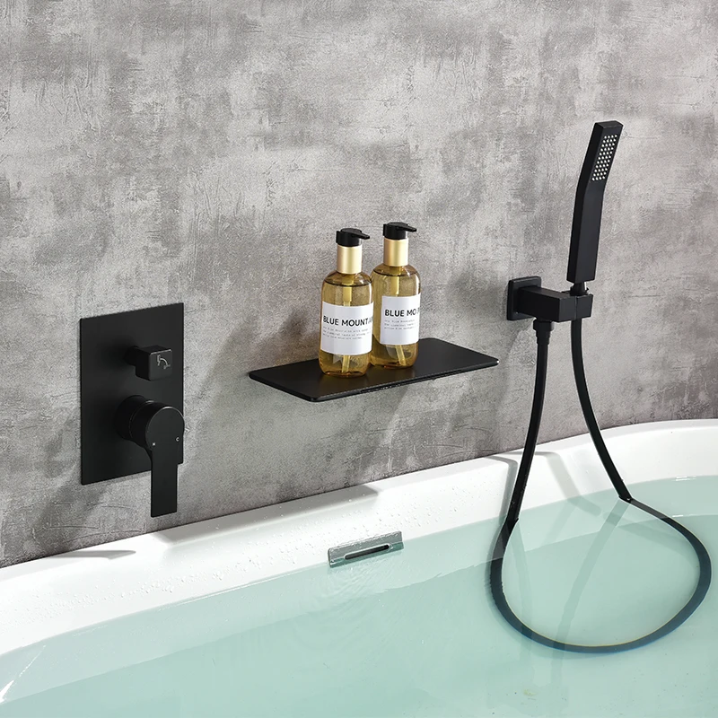 

Wall Mount Tub Faucets with Sprayer Waterfall Bathtub Filler Tub Shower Faucet Set with Rough-in Valve Trim Kit Matte Black