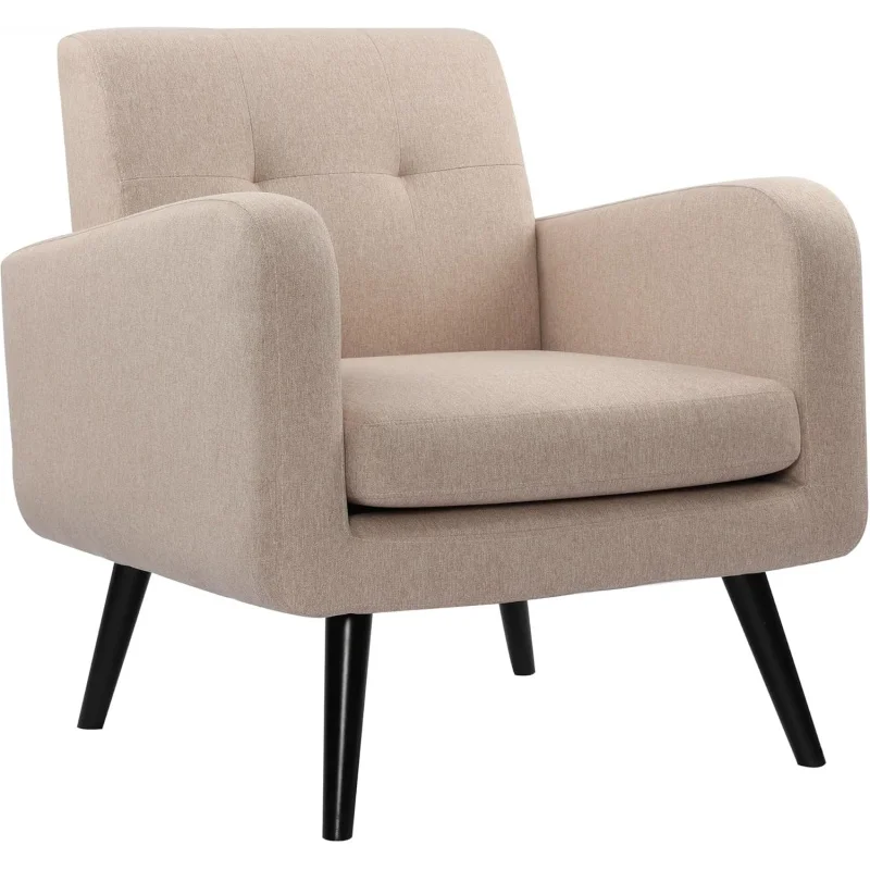 TTF Upholstered Fabric Cozy Armchairs, Living Room Side Chair with Solid Wood Legs, Beige CS