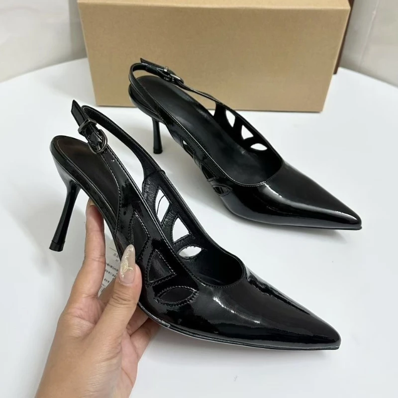 أزياء أشار تو براءات الاختراع والجلود عالية الكعب مضخات النساء الجدة الجوف Slingback أحذية مصممين فستان الحفلات مثير الأحذية