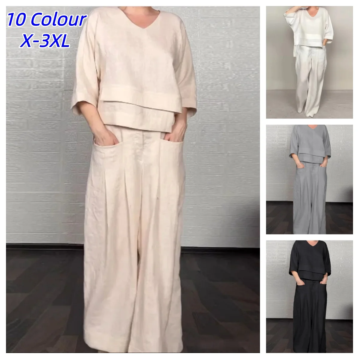 

Casual Loose Irregular Cotton Linen Women's Top Set Spring Summer New Fashion Pocket Wide-leg Pants For Women Office 2-piece Set