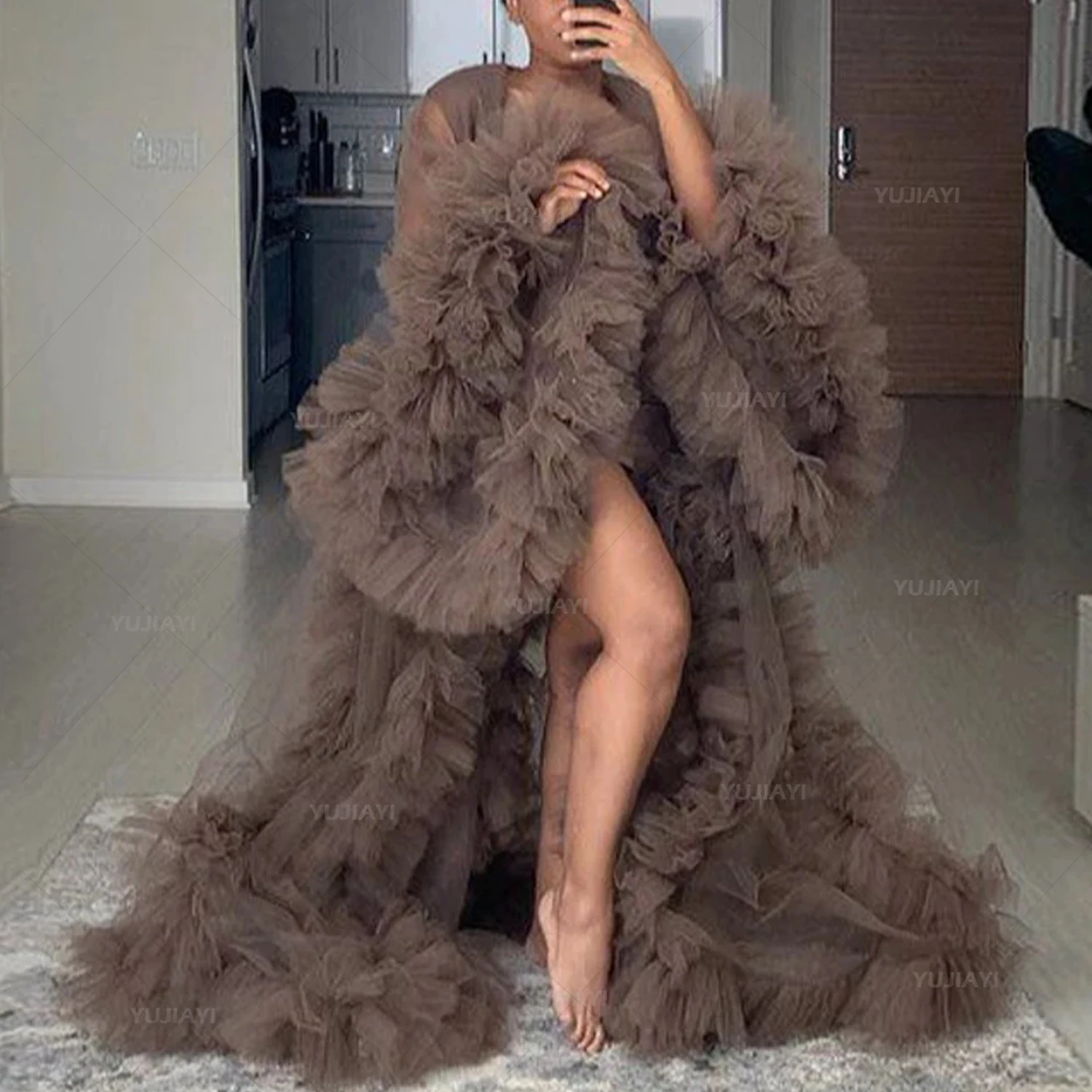 Women Evening Dresses Custom Tulle Robe Long Ruffled Birthday Party Prom Gown for Photoshoot Perspective Sheer Bridal Sleepwear