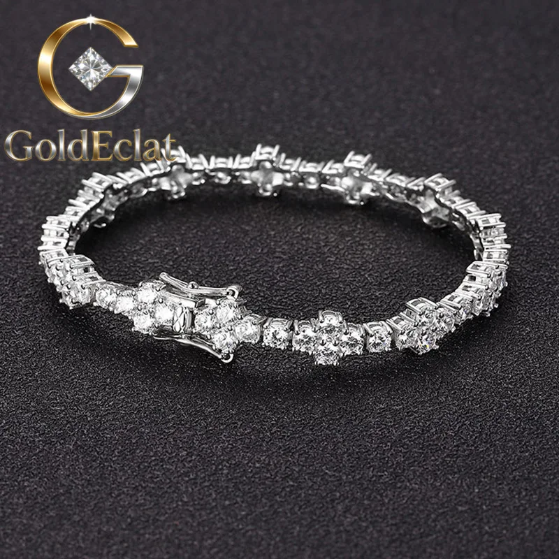 GoldEclat  Luxury Solid Platinum PT950 Women's 3MM Moissanite Diamond Cross Bracelet Full Diamond Bracelet