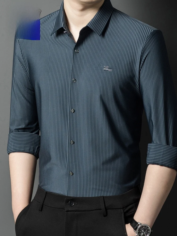 

Lormen Men's Long Sve Casual irt Spring Autumn New Sle High Sensation Busin Elastic Stripe Sl Anti-Wrinkle irt