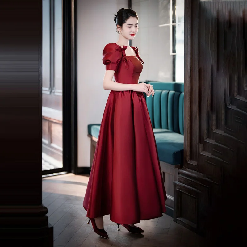 It's Yiiya Short Sleeves Pleat A-Line Burgundy Ankle-Length Formal Dress Square Collar Satin New Lace Up Dress Woman Party A2730