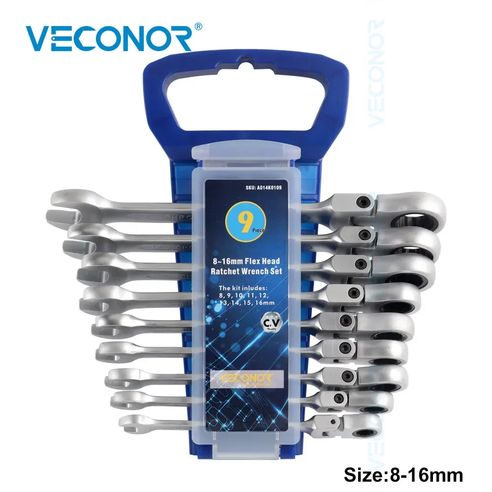 9-Piece Ratchet Wrench Set of Keys 8-16mm Dull Polish Flexible Head 72T Ratcheting Hand Tool