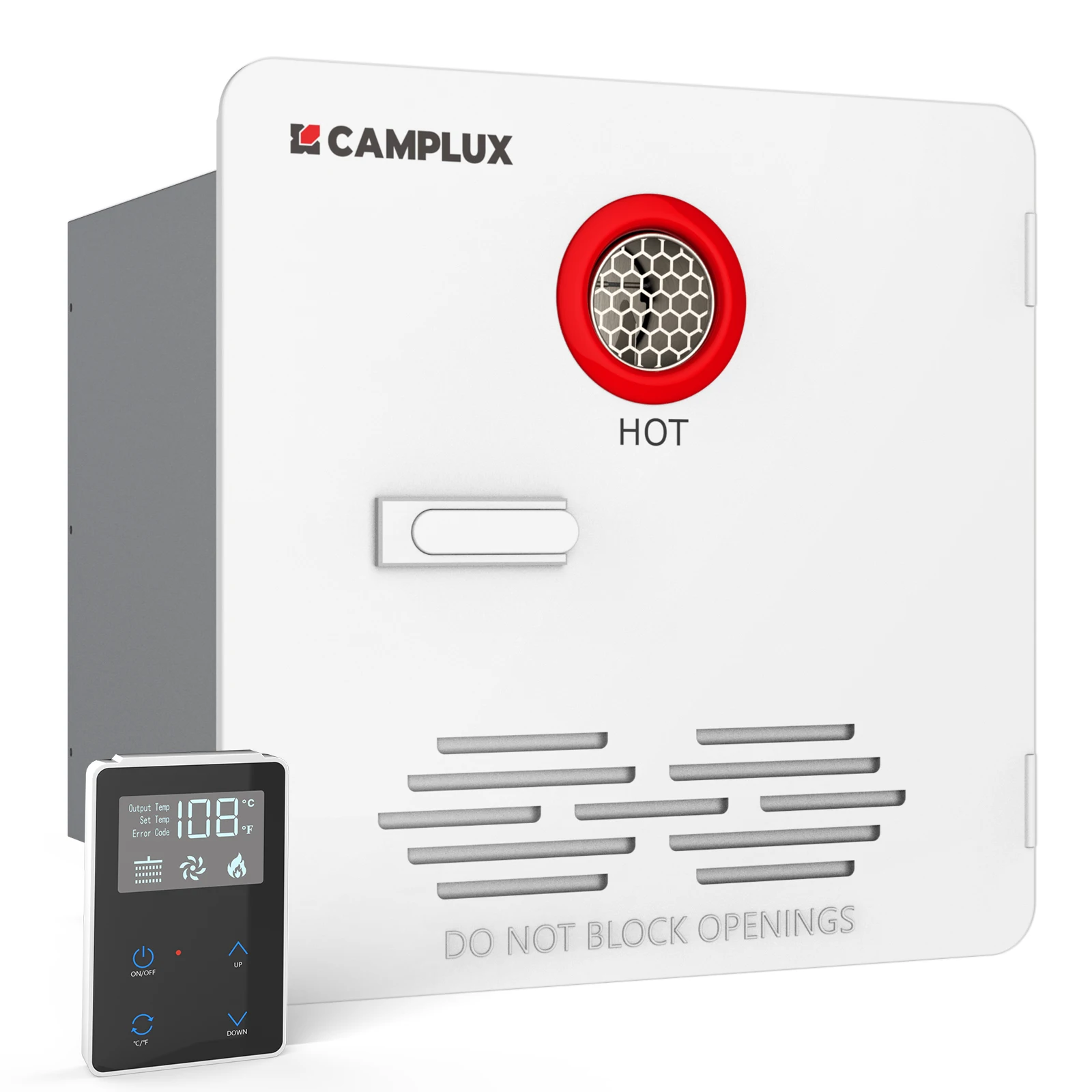 CAMPLUX RV Tankless Water Heater 65,000 BTU RE264 Max 3.9 GPM RV Propane Water Heaters for Mobile Home with White Door