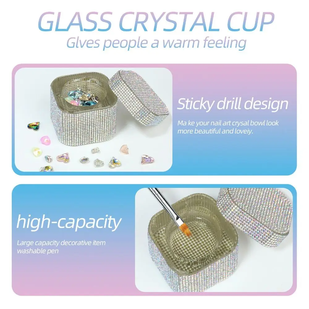 

Luxury Square Rhinestone Nail Cup Transparent Solid Color High End Brush Washing Cup Nail Art Tool DIY