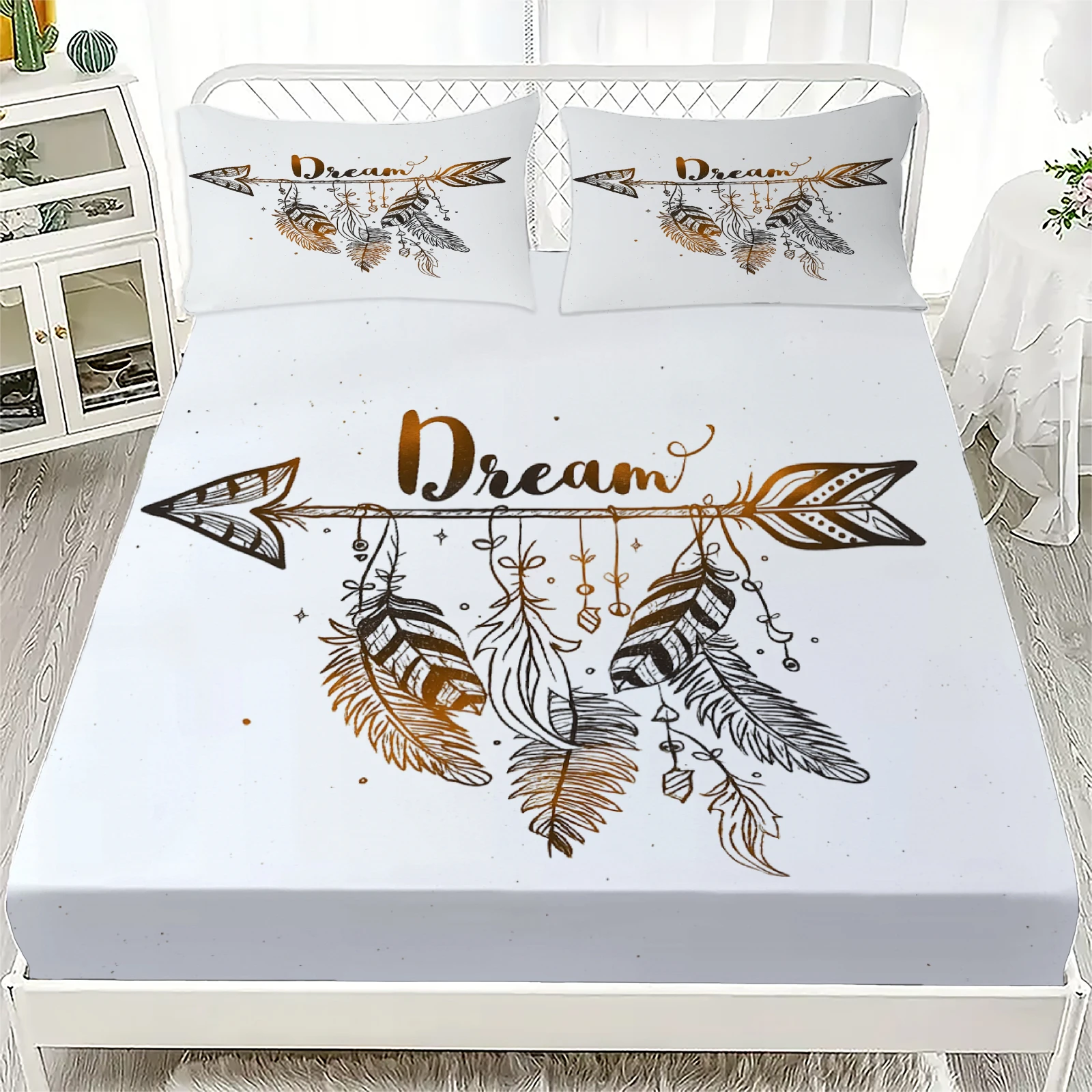 

3pcs Fitted Sheet Bohemian Dreamcatcher Set 100% Polyester Mattress Covers Cozy Bedding Set Gift Bedroom Decoration 2 Pillowcase
