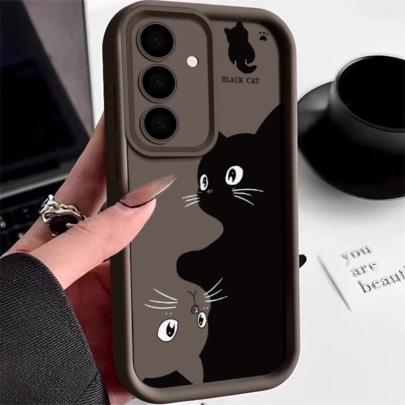 Full Screen Twin Black Cat Phone Case For Samsung S24 S23 S22 Ultra Plus S21 A55 A54 A53 A52 A25 A15 A14 5G Silicone Soft Cover