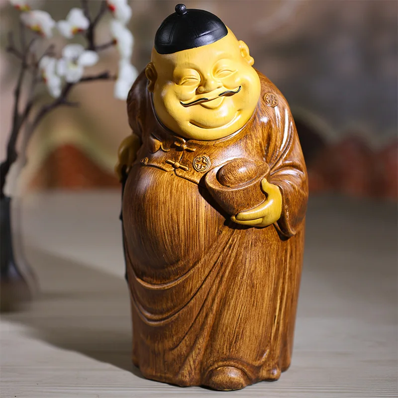 

High-end ornaments Living room God of Wealth sculpture imitation wood carving coffee table Bogu frame decoration desktop