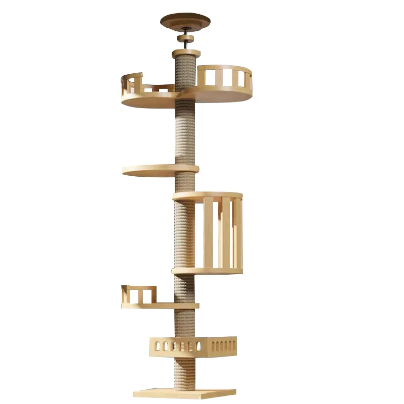 Sustainable Wooden Cat Climbing Rack Cute Linen Paper Plush Velvet Bed Scratching House Cat Tree Tower Cat Tower Carton