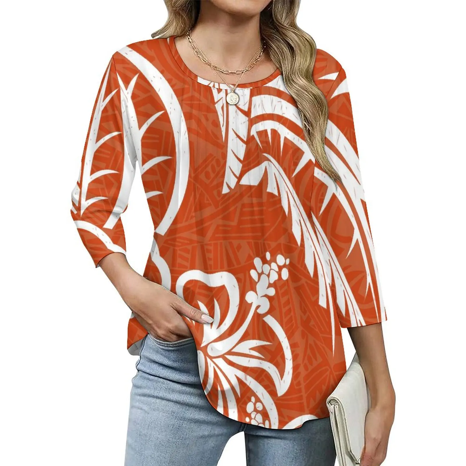 

Casual Puff Three Quarter Crew Neck Women Tops Shirts Polynesian Print Ruffle Blouses Vestidos Elegantes