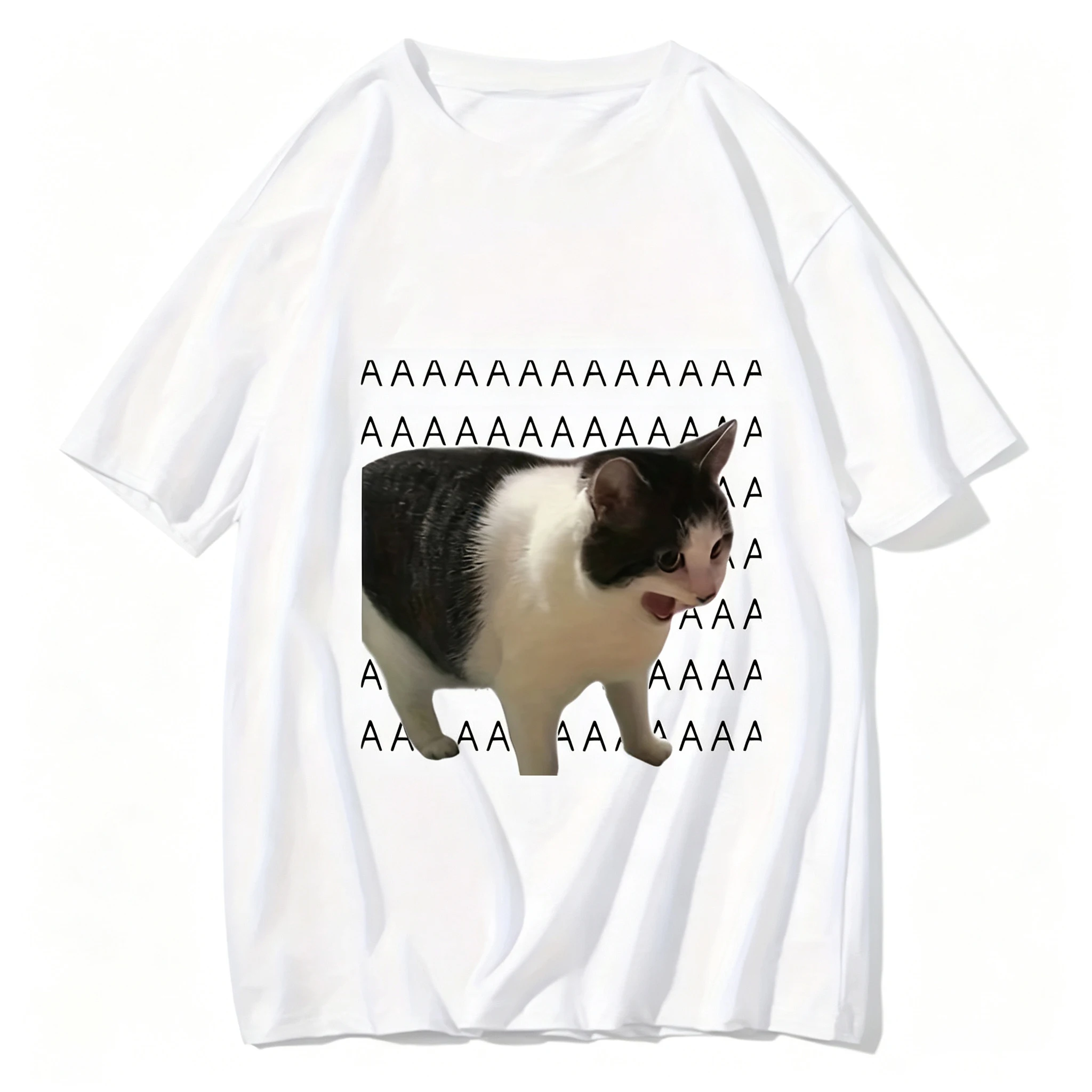 Crazy howling cat meme, crew neck short-sleeved T-shirt for men, perfect for street style.