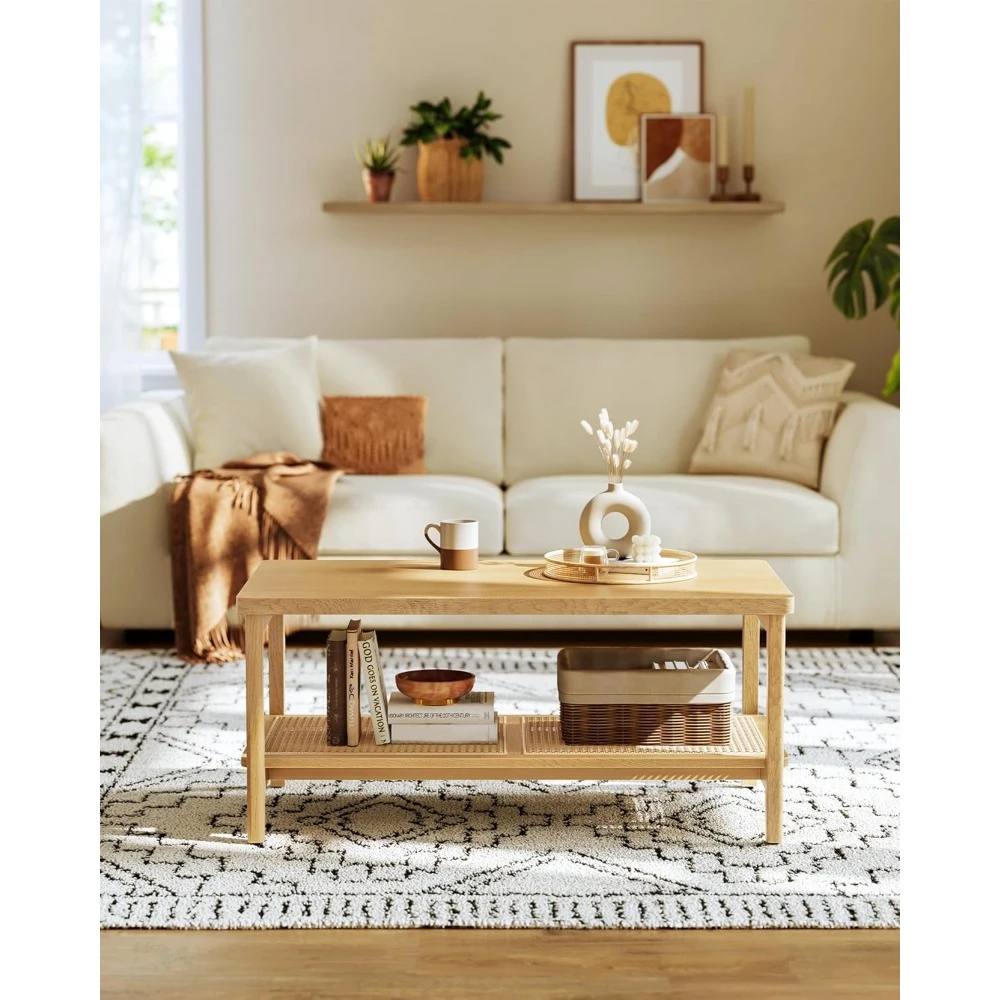 2nd floor living room coffee table, living room table rectangular center table with PVC rattan storage shelves, oak beige