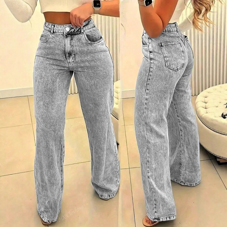 

Straight Pants Jeans Women Denims Trousers Washed Distressed 2025 Streetwear Pockets High Waist Vintage Female Floor Length