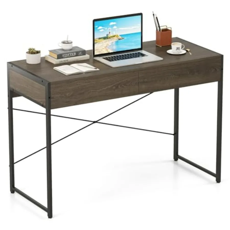 

Компьютерный стол 44 дюйма с 2 ящиками и защитой от опрокидывания, серый дуб, современный письменный стол для учебы с металлическим каркасом для небольшого офиса/спа