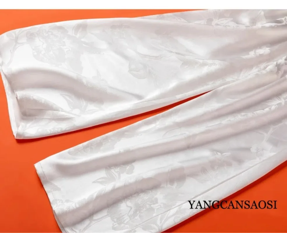 45MM Heavyweight 100% Natural Mulberry Silk Jacquard Satin White Versatile Pocket Design Elastic Waist Casual Wide Leg Pants