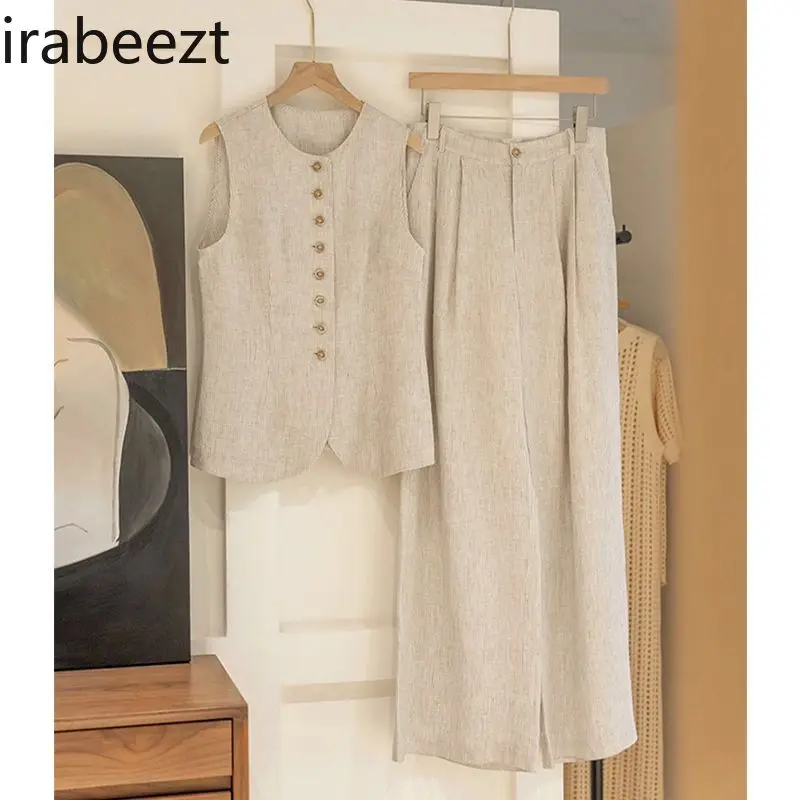 New Compact Temperament Women Wears High-grade Casual Linen Waistcoat Wide-leg Pants Suit Conjunto Moletom Feminino