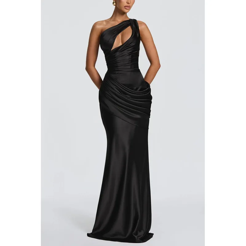 Women's satin sloping shoulder fashionable hollow out pleated waistband tie wrap with hip and fish tail dress