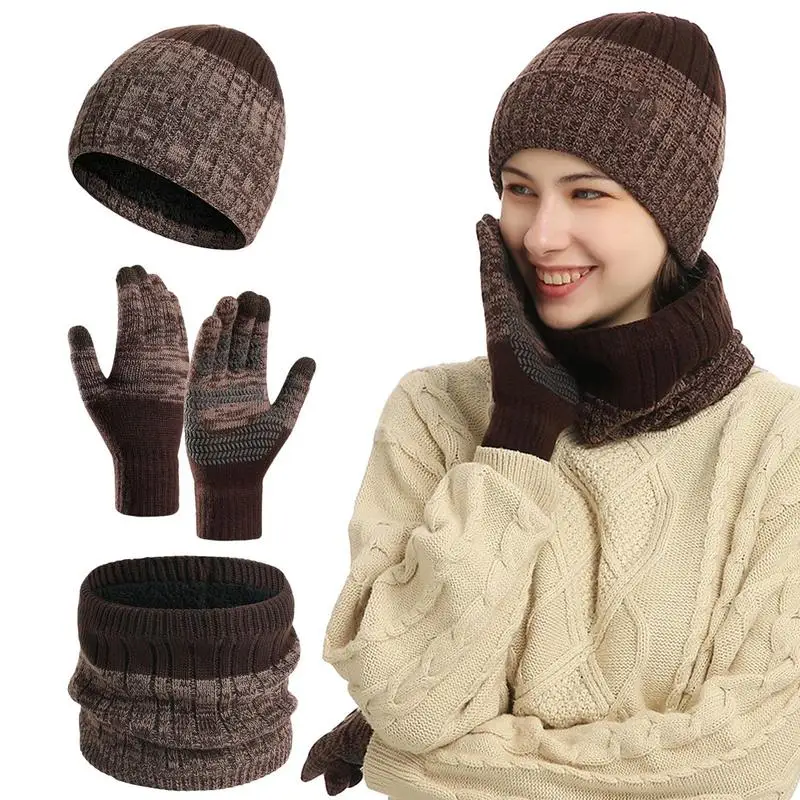 

Winter 3 in 1 Scarf Hat Gloves Set Neck Warmer Knitted Scarf Beanie Hat and Gloves Set Warm Soft 3 Pieces Hat Scarf Gloves Set