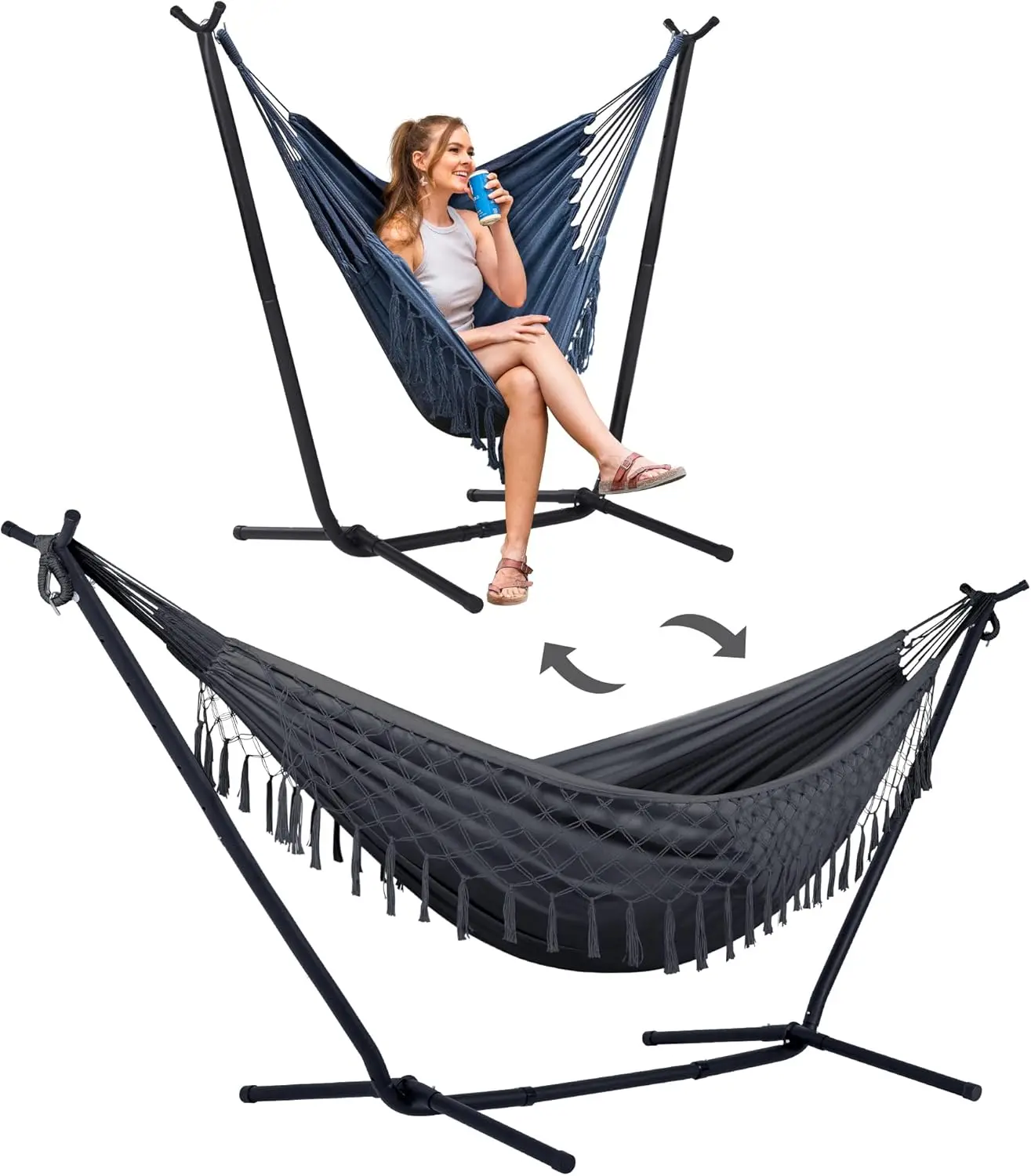 Portátil conversível duplo Hammock com suporte incluído, ao ar livre Hammock, patente pendente, cinza escuro, 2 em 1