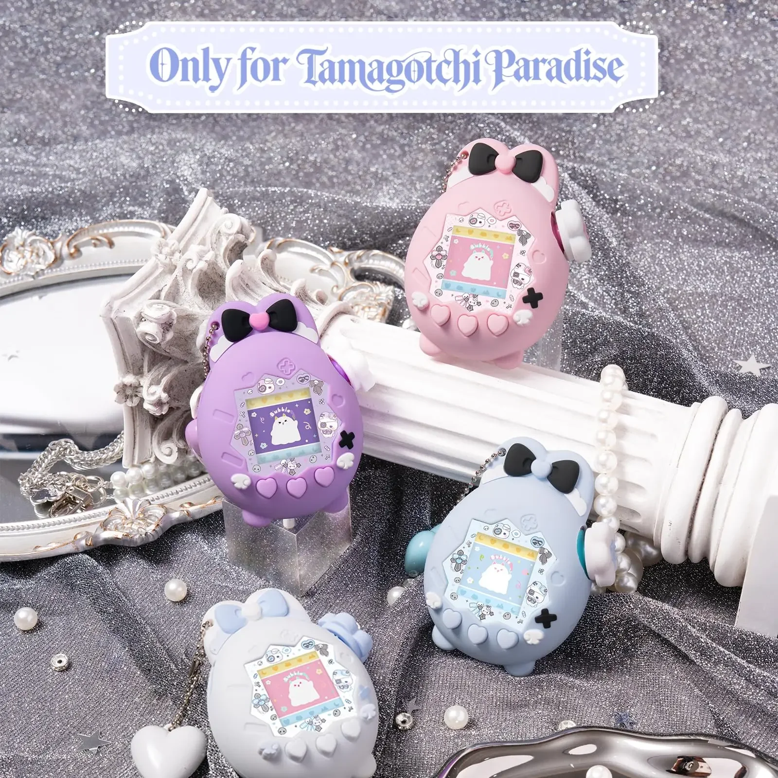 4-in-1 Set Silicone Case for Tamagotchi Paradise – Bunny Theme Cover with Holographic Faceplate, Flower Dial Cap & Heart Charm