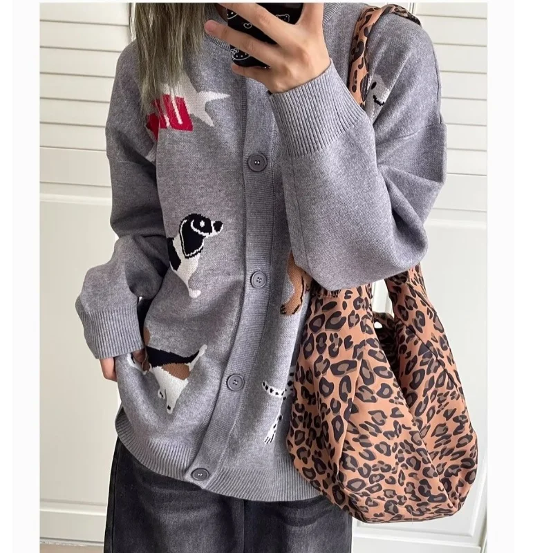 Lazy Style American Vintage Cardigan Long Sleeve Single Breasted Cartoon Jacquard Sweaters Casual Loose Cute Women Clothing 2025
