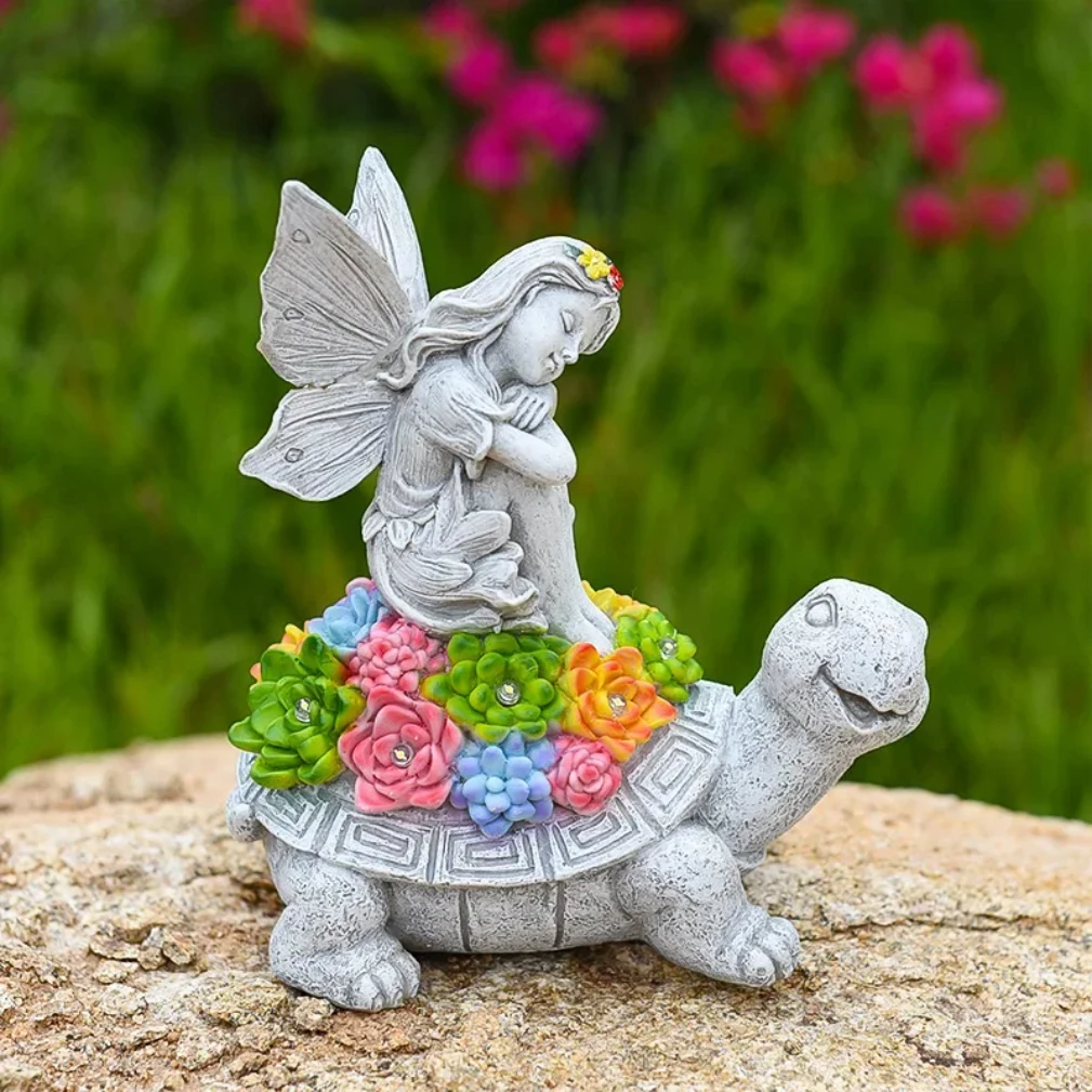 Solar Turtle Statue with Solar Light Flower Fairy Angel Lawn Decor Garden Resin Ornament Outdoor Statue Succulent Gifts for Mom