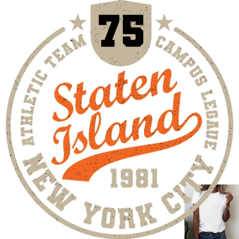 Vintage Style Staten Island New York Campus League Themed Heat Transfer White Ink Iron - on, Suitable for T - Shirts/Canvas