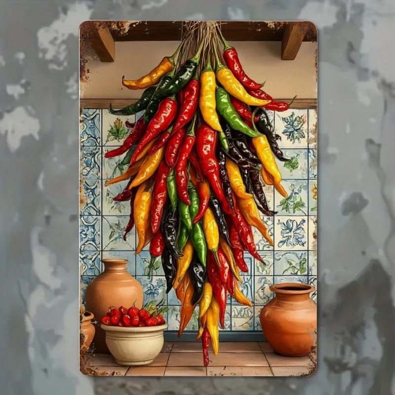 2D Flat, Vintage Chili Pepper Metal Wall Decor - 12x8 Inch Rustic Iron Chili Sign Suitable for Home, Kitchen, Garden, Farmhou