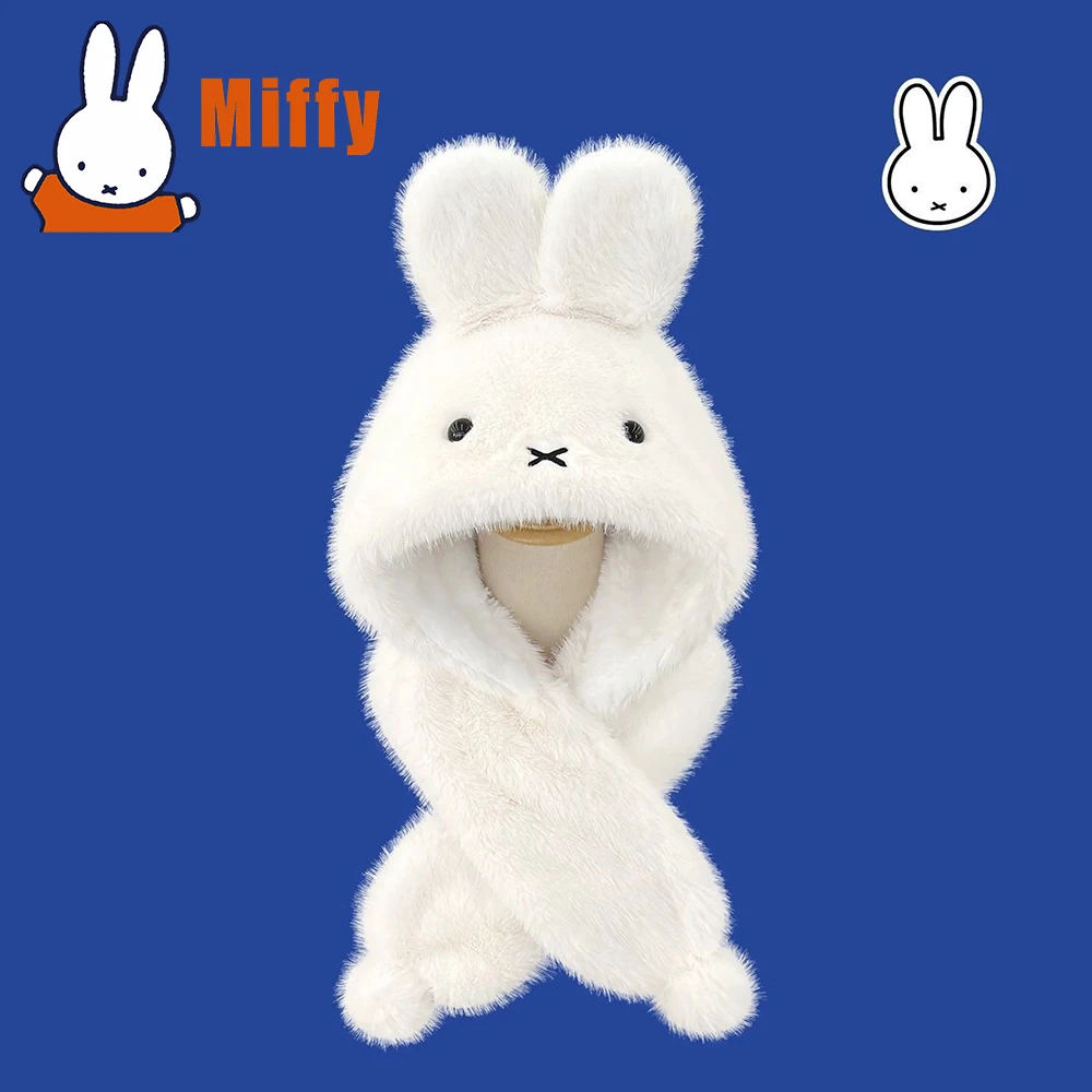 

Kawaii Miffy Scarf Hat Cute Rabbit Hooded Earflap Cap Fluffy Plush Thickened Warm Windproof Winter Outdoor Cosplay Girl Gift
