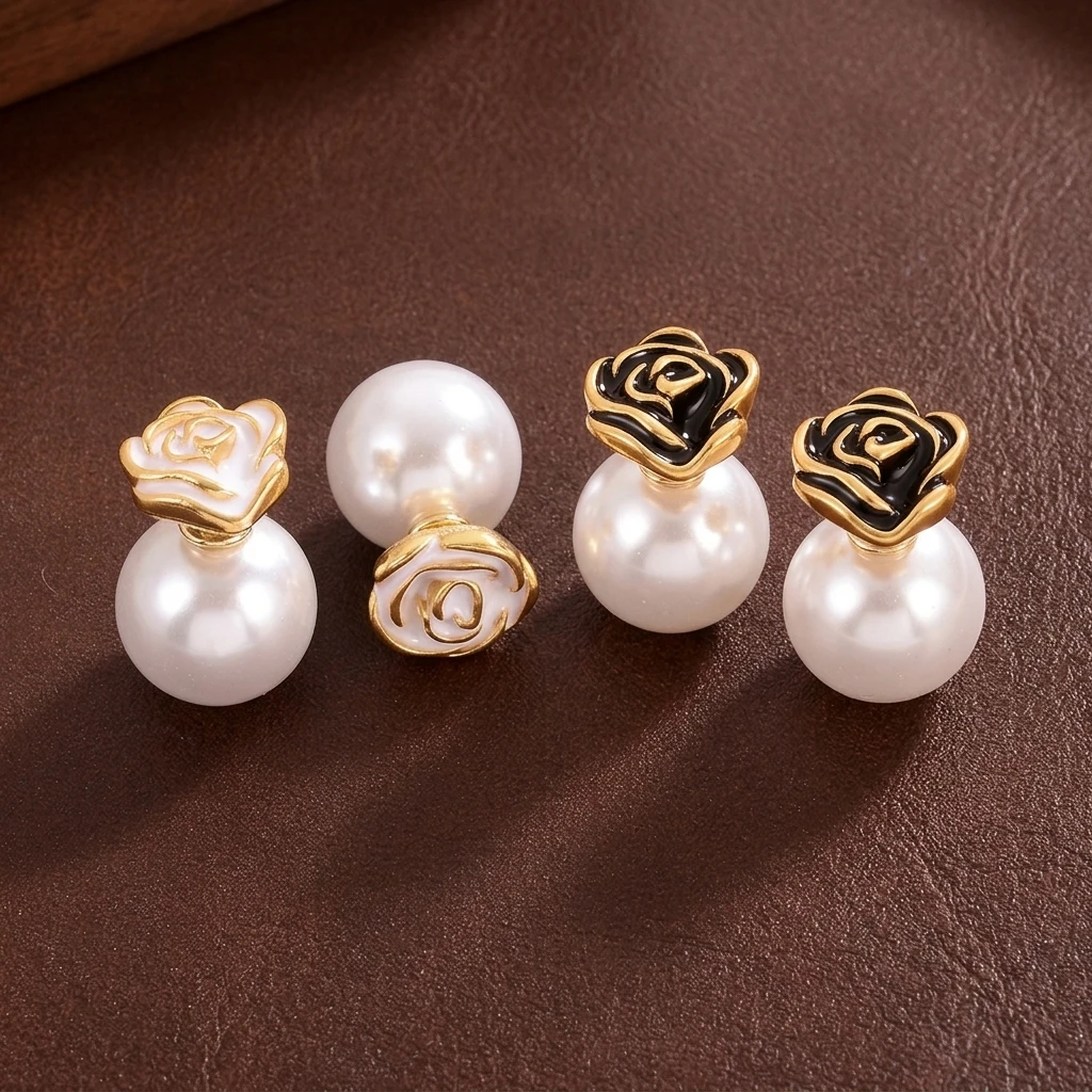 Vintage Rose Flower Double Sided Pearl Earrings for Women French Enamel Black White Front Back Stud Earrings Elegant Jewelry