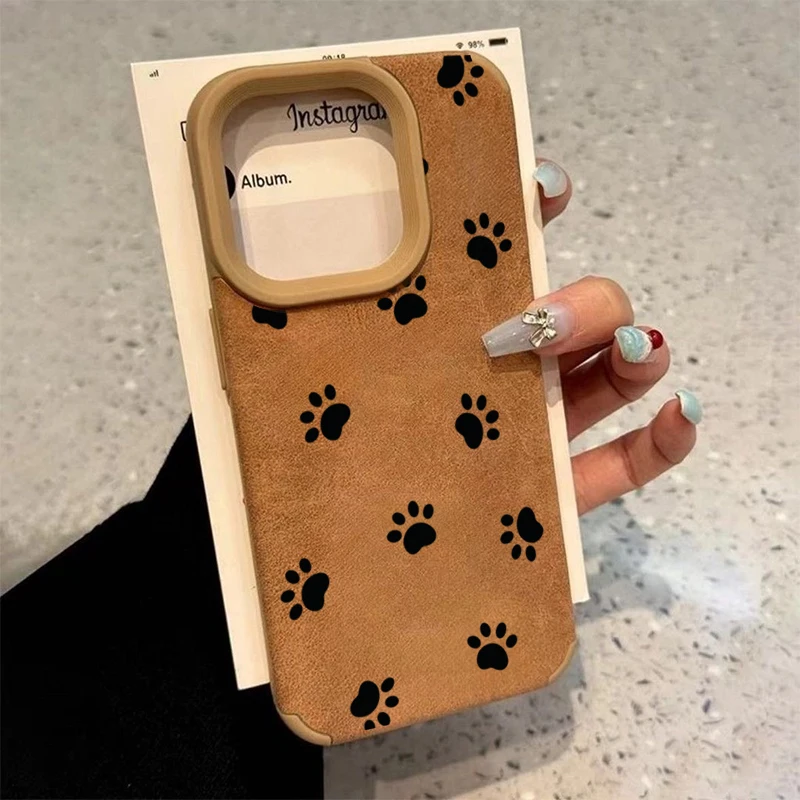 

Puppy Paw Prints Designed For iPhone 16 Pro Max 15 14 13 12 11 XS Max XR X XS 16 Cases Featuring Faux Leather Texture Phone Case