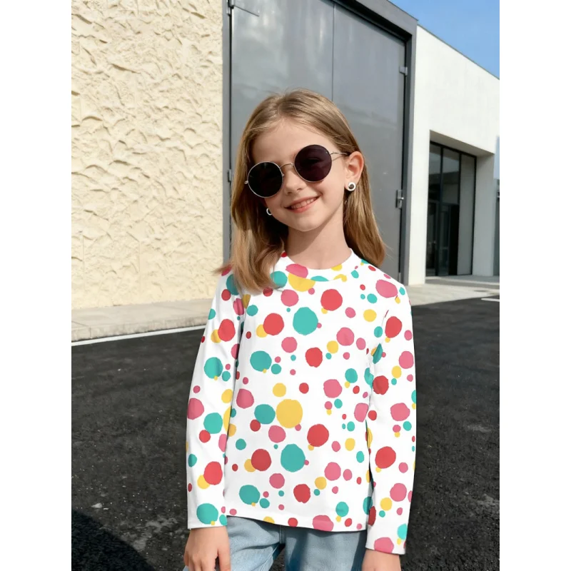 

Girls Colorful Polka Dot Print Long Sleeve T-Shirt 2026 Children's Fun Full Print Casual Top Polka Dot Design