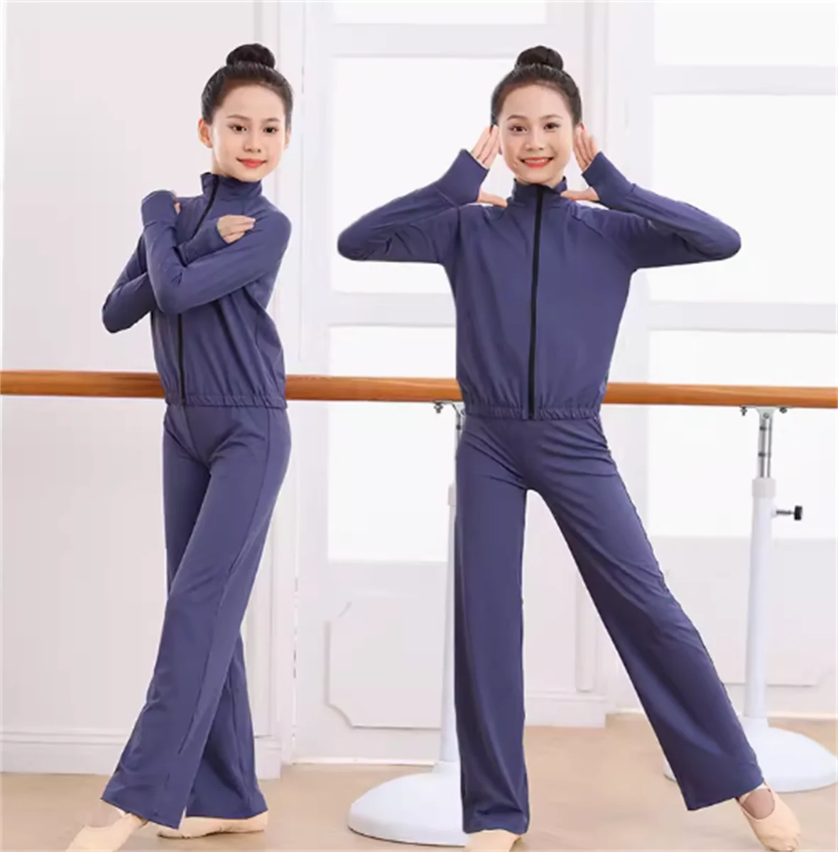 Vêtements de danse en soie glacée pour enfants, ensemble FS haut, style fermeture éclair pour fille