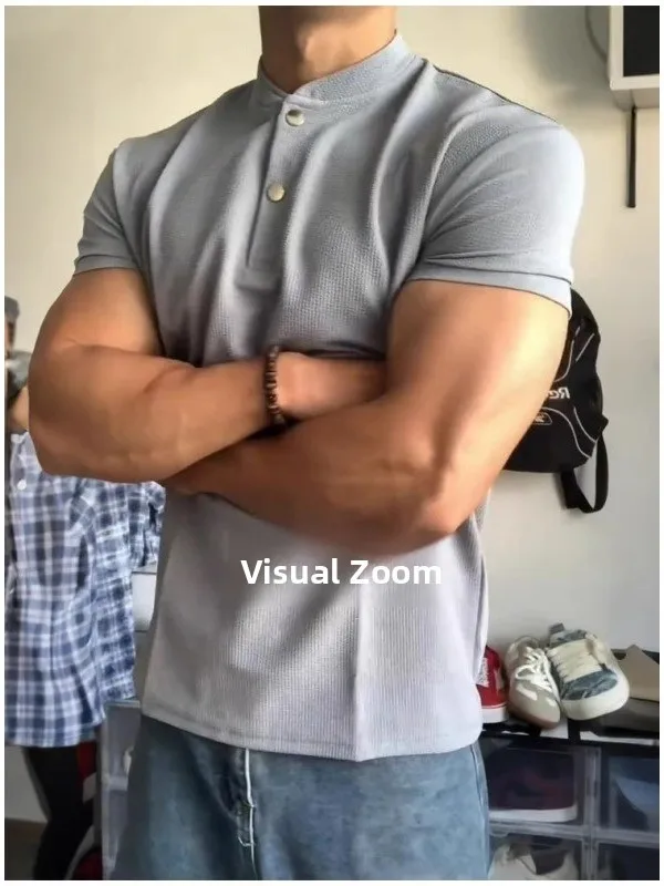 

High Quali Large Size American Henry Collar T-irt Men Summer Fitn Clothes Wfle id Sports f Sve Top