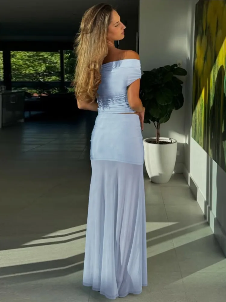 Summer New Blue Mesh Sexy Skirt Two Piece Sets Women Strapless Crop Tops Maxi Skirt Ladies Fashion Elegant Dress 2 Piece Sets